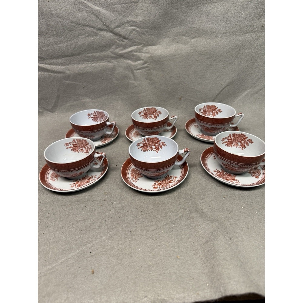 Spode Fine Stone Fitzhugh Red Cup and Saucer Lot of 6